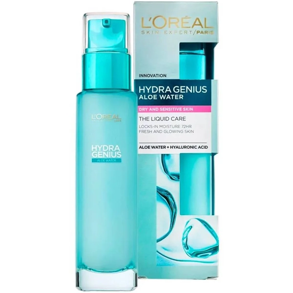 سرم آبرسان هیدرا جنیوس  لورال پوست خشک و حساس 72 ساعته پمپی 70 میل | L'OREAL Hydra Genius Aloe Water + Hyaluronic Acid Dry & Sensitive Skin 72hr
